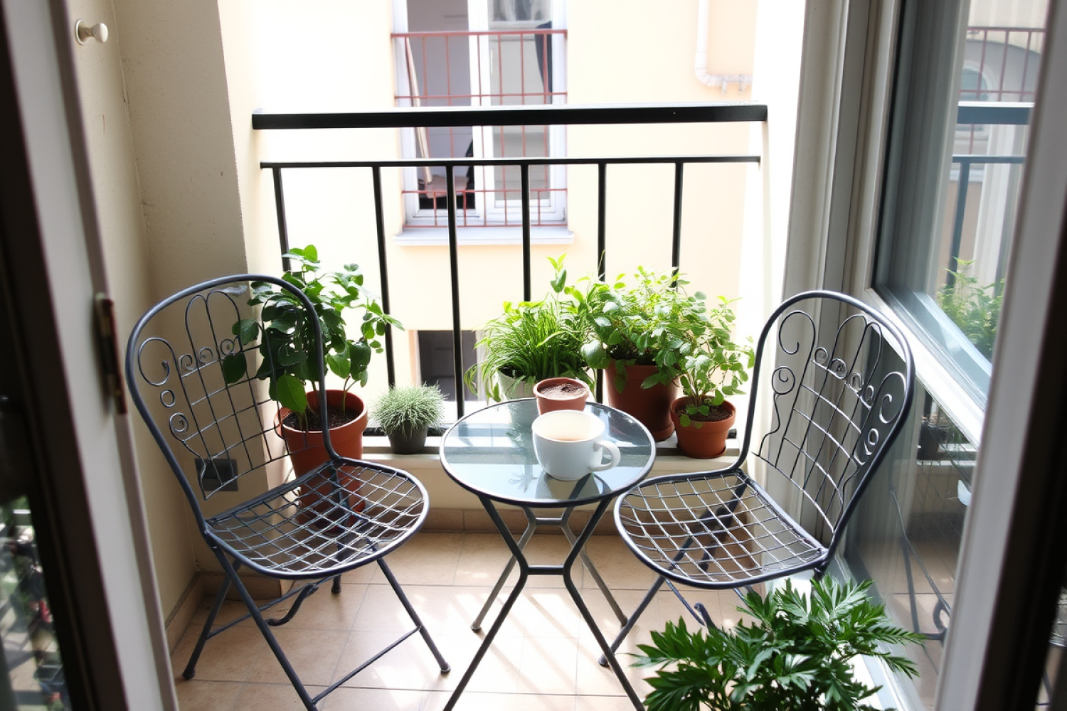 Meble ogrodowe i kanapa na balkonie z roślinami